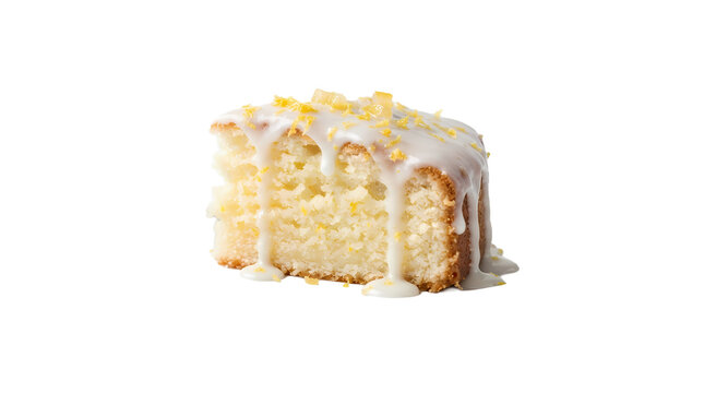 A slice of delicious lemon cake, topped with sweet icing and a sprinkle of lemon zest, sits ready to be enjoyed
