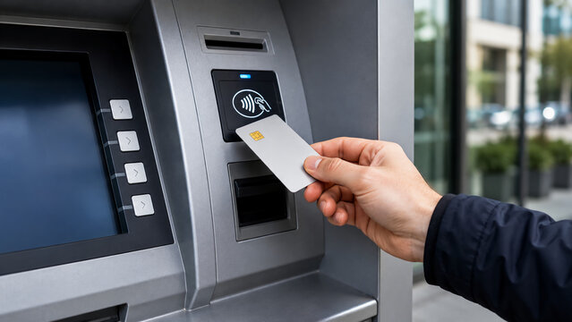 A person using a contactless card to withdraw cash from an ATM machine.