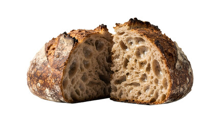 Obraz premium A crusty sourdough bread loaf, split in half, revealing its airy, open crumb structure and golden-brown crust. Perfect for artisanal baking and food photography