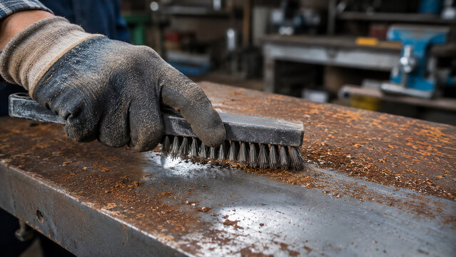 A gloved hand uses a wire brush to clean rust and debris from a metal surface in a workshop setting.