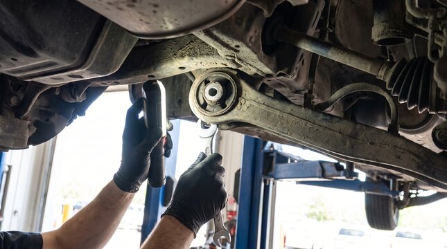 Auto mechanic repairing vehicle suspension underneath a raised car with wrench and inspection lamp. Automotive maintenance, repair service, workshop safety and professional technician concept.