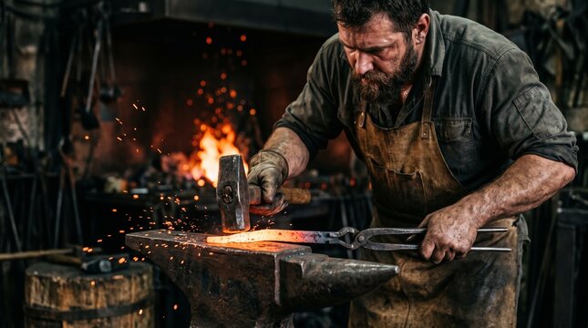 Bearded blacksmith forging glowing metal on an anvil with hammer and tongs. Traditional metalworking craft in a fiery workshop. Skilled artisan labor and heritage industry concept.