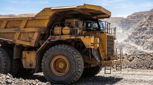 Heavy haul dump truck operating in an open pit mine. Large industrial vehicle for transporting rock and earth in quarry construction and mining operations.