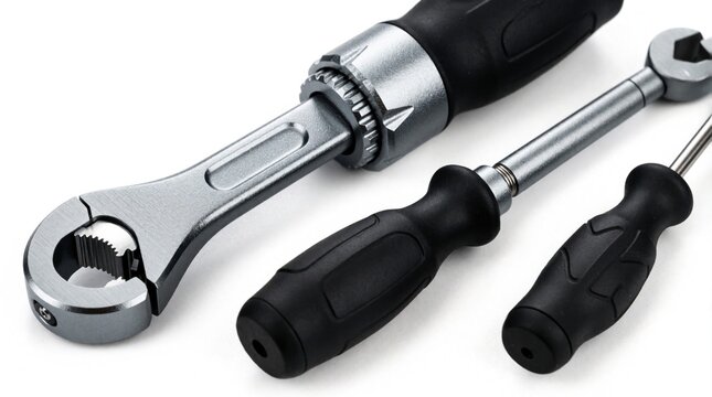 Set of three mechanical tools including an adjustable wrench and two screwdrivers with black grips. Metal hand instruments are placed on a white background for a clean studio shot.