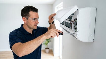 Obraz premium Male technician wearing safety glasses and repairing a household appliance with a screwdriver. Home maintenance, electrical service, appliance installation, and professional repair concept.
