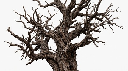 Fototapeta premium Dead twisted tree trunk with gnarled branches against white background with depicts weathered dead branches isolated silhouette isolation with structure