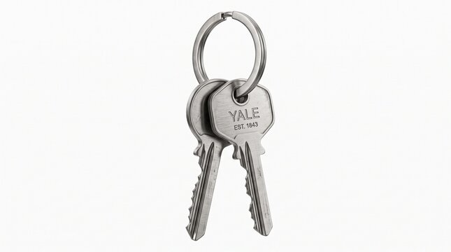 Metal keys hanging on a keyring against white background with metal ring isolated two silver keys combination locksmith security property with entrance