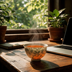 Fototapeta premium Steam rises from floral tea cup on wooden desk beside notebook, laptop. Potted plants frame window showing rich greenery. Warm sunlight filters through, casting soft shadows across serene workspace.