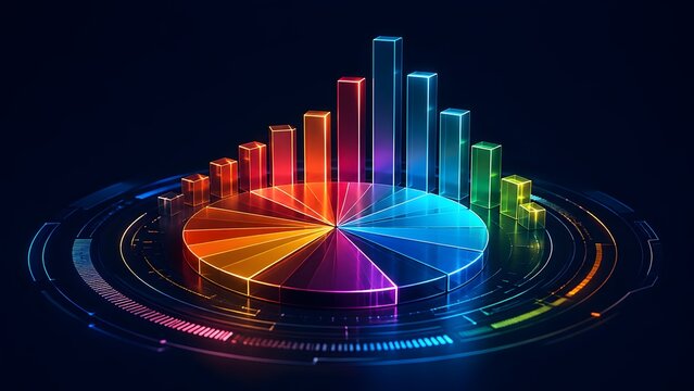 Futuristic glowing neon 3D pie chart and colorful bar graph on digital dashboard platform for business data analytics.