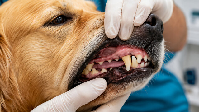 A veterinarian examines a dog's teeth, checking for dental health while wearing white gloves.