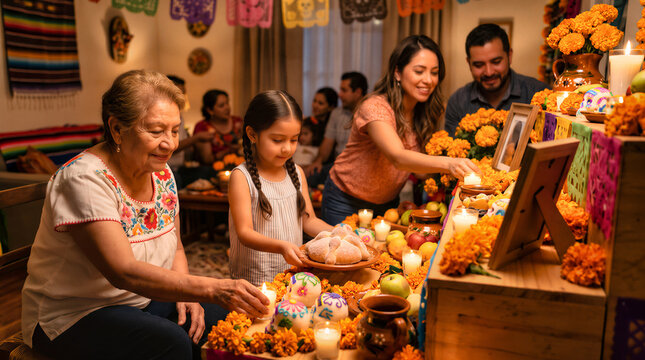 Family arranging altar ofrenda with pan de muerto bread, fruit, and candles surrounded by marigolds for day of the dead. Mexican carnival Dia de los Muertos or Day of the Dead Catrina with copy-space.
