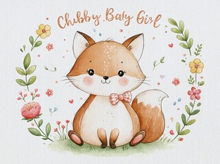 Fototapeta premium Adorable Watercolor Baby Fox Illustration Surrounded by Delicate Floral Wreath and Soft Colors