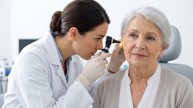 Woman doctor examining senior woman ear with otoscope in clinic. Professional healthcare consultation for hearing assessment, diagnosis, prevention and elderly patient care.