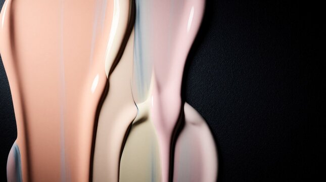 Liquid makeup foundation drips in soft pastel tones on a dark textured surface. Smooth cosmetic fluid swirls, creating an elegant and modern abstract design. Creamy texture blends beautifully.