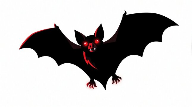 Black bat with glowing red eyes and fangs. This stylized creature flies with wings spread wide. Its sharp claws and bright gaze suggest danger or mystery. Simple graphic illustration.