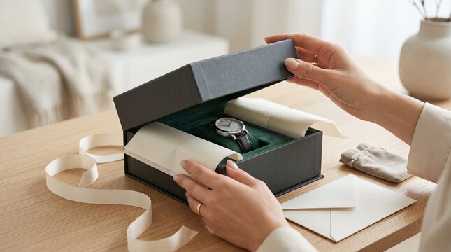 Woman opening a gift box containing a wristwatch at home. Thoughtful present and surprise concept for birthday, anniversary, celebration, shopping, and special occasion.