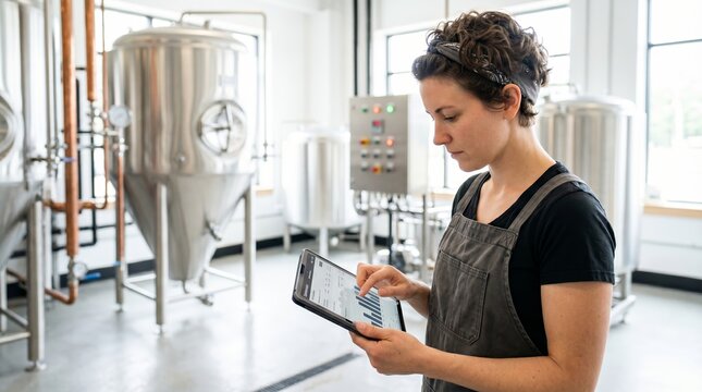 Woman technician monitoring industrial brewing equipment on tablet. Smart manufacturing, production control, quality management, and digital industrial technology concept.