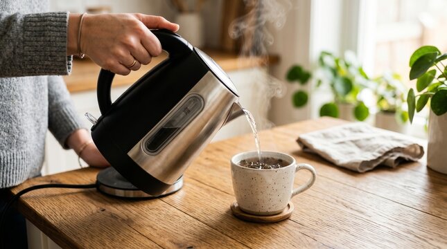 Woman pouring hot water from an electric kettle into a cup on a wooden kitchen table. Cozy home morning routine, tea preparation, comfort, relaxation and everyday lifestyle.