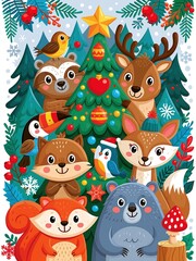 Fototapeta premium Cute forest animals celebrating Christmas around a decorated tree with festive decorations and snowy background