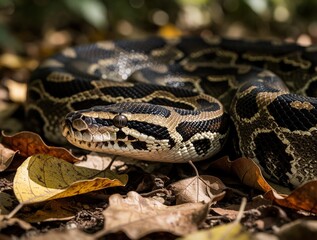Fototapeta premium Close up of royal python snake on dry forest floor. Reptile with brown pattern rests among fallen autumn leaves. Ball python head detail shows scales, eyes in natural habitat. Wildlife predator hides