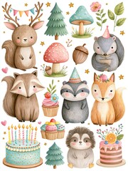 Fototapeta premium Whimsical Woodland Creatures and Festive Party Elements for Children's Celebrations