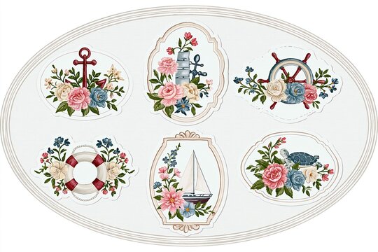 Nautical Floral Embellishments Featuring Anchors, Ships Wheel, Sailboat, Lifebuoy, Lighthouse, and Turtle