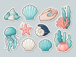Fototapeta premium Charming Ocean Life Stickers: Seashells, Jellyfish, Starfish, and Coral Illustrations