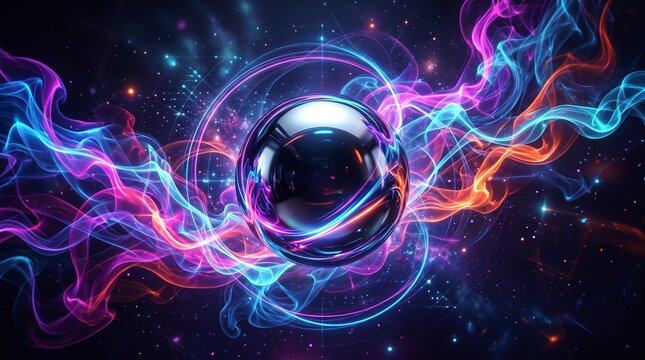 Abstract sphere with colorful energy waves and stars