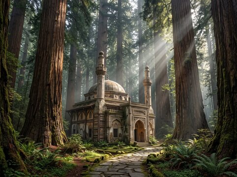 Ancient mosque hidden in a misty redwood forest