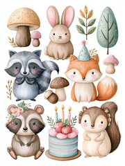 Fototapeta premium Cute Watercolor Forest Animals Celebrating Birthday with Cake and Party Hat, Whimsical Woodland Creatures