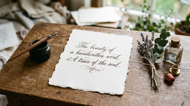 Calligraphy quote on handmade paper with vintage pen and lavender