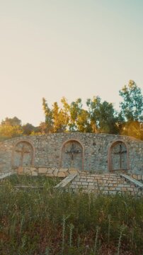 Outdoor Christian place of worship with sacred crucifixes of forgiveness