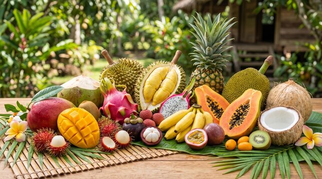 Assortment of fresh exotic tropical fruits on wooden table outdoors