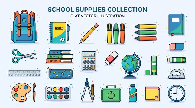 School supplies collection flat vector illustration