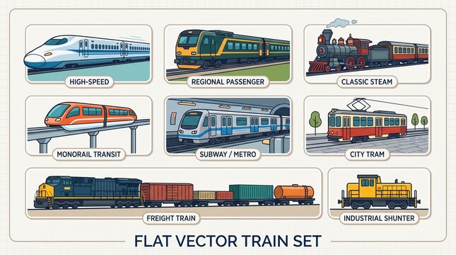 Flat vector train types set with various locomotives and rail transport