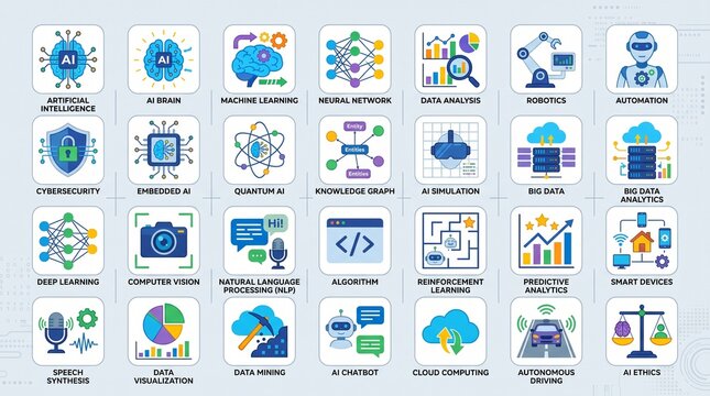 Artificial Intelligence icons set for technology and data science