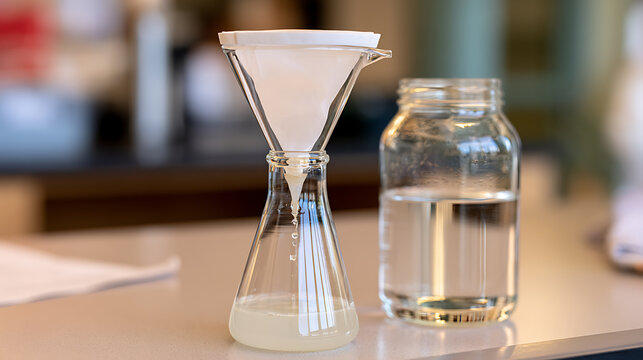 Laboratory Setup with Glass Funnel, Filter Paper, Erlenmeyer Flask, and Jar of Liquid on a Table
