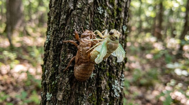 Cicada emerging from its exoskeleton on a tree trunk