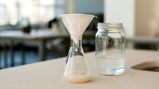 A funnel with a cloth filter over a flask containing a light liquid, alongside a clear glass jar of water on a countertop