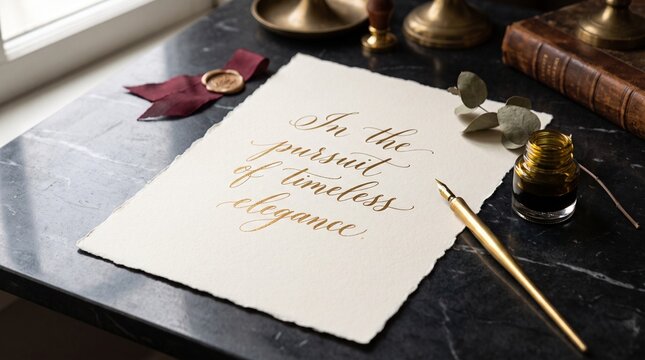 Calligraphy paper with ink and pen on marble table
