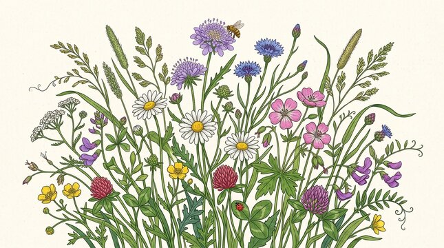 botanical illustration of colorful wildflowers and insects