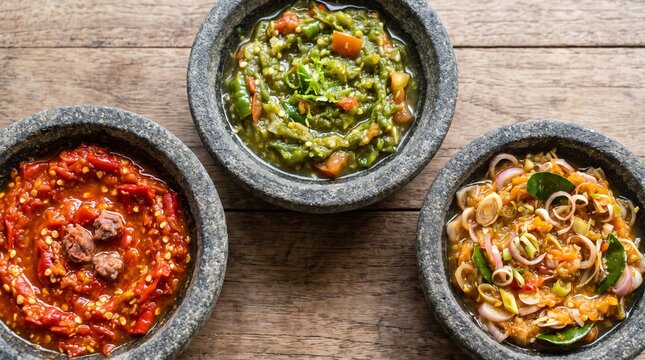 Assorted traditional Indonesian spicy chili sambal in stone bowls