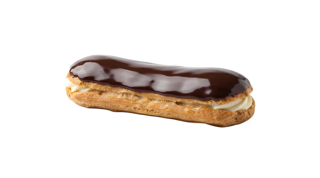A delicious chocolate eclair filled with cream, presented against a clean white background