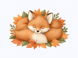 Fototapeta premium Adorable sleeping fox curled up peacefully surrounded by vibrant autumn leaves and greenery