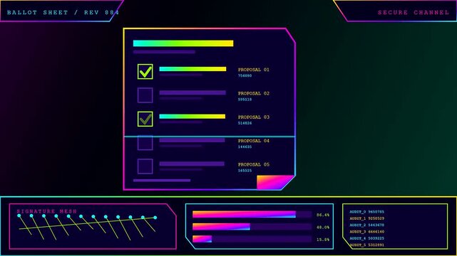 A community poll interface displays digital voting metrics on a screen with glowing neon lines and colorful bar charts for evaluating diverse user selection outcomes