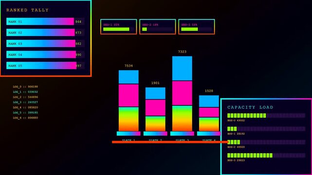 A community poll visualized through vibrant digital infographics displaying dynamic bar charts and ranking tallies during a real time data processing cycle on black screens