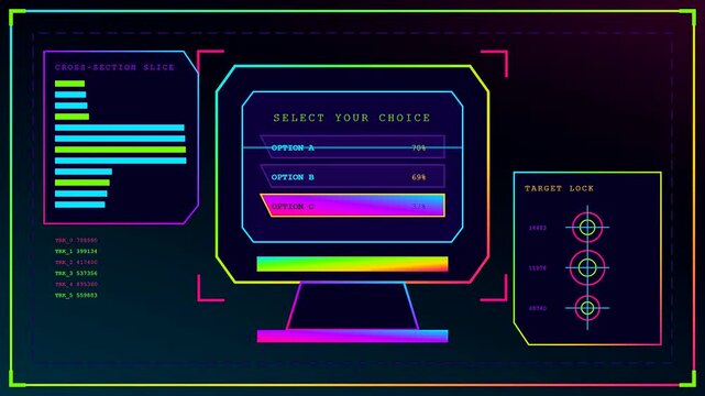 A community poll interface displays interactive digital menu options on a glowing dark computer screen showcasing fluctuating statistics and dynamic targeting crosshair graphical user elements