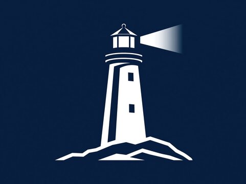 Iconic white lighthouse on rocky outcrop, casting a bright beam of light across dark blue sea