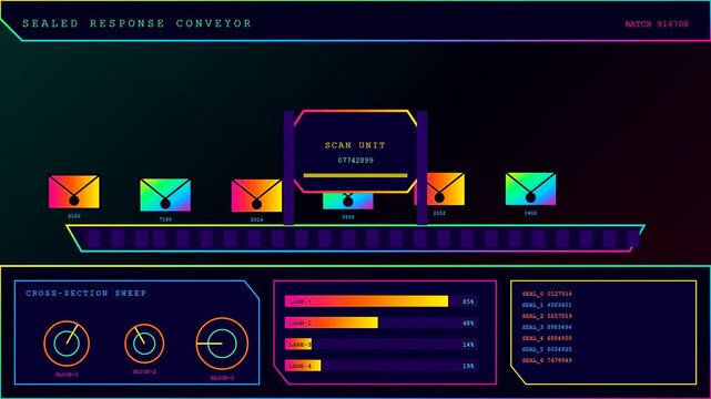 A community poll dashboard displays automated data tracking metrics across a digital interface with colorful envelope icons moving along a conveyor belt system in motion