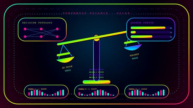 Three neon glowing panels featuring a community poll dashboard with shifting balance scales and moving data charts displayed in a dark room setting with vibrant aesthetic